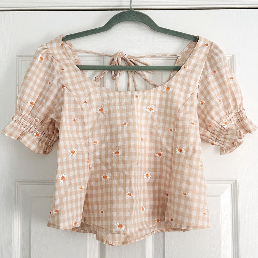 Kirious Beige Checkered Top with Floral Accents